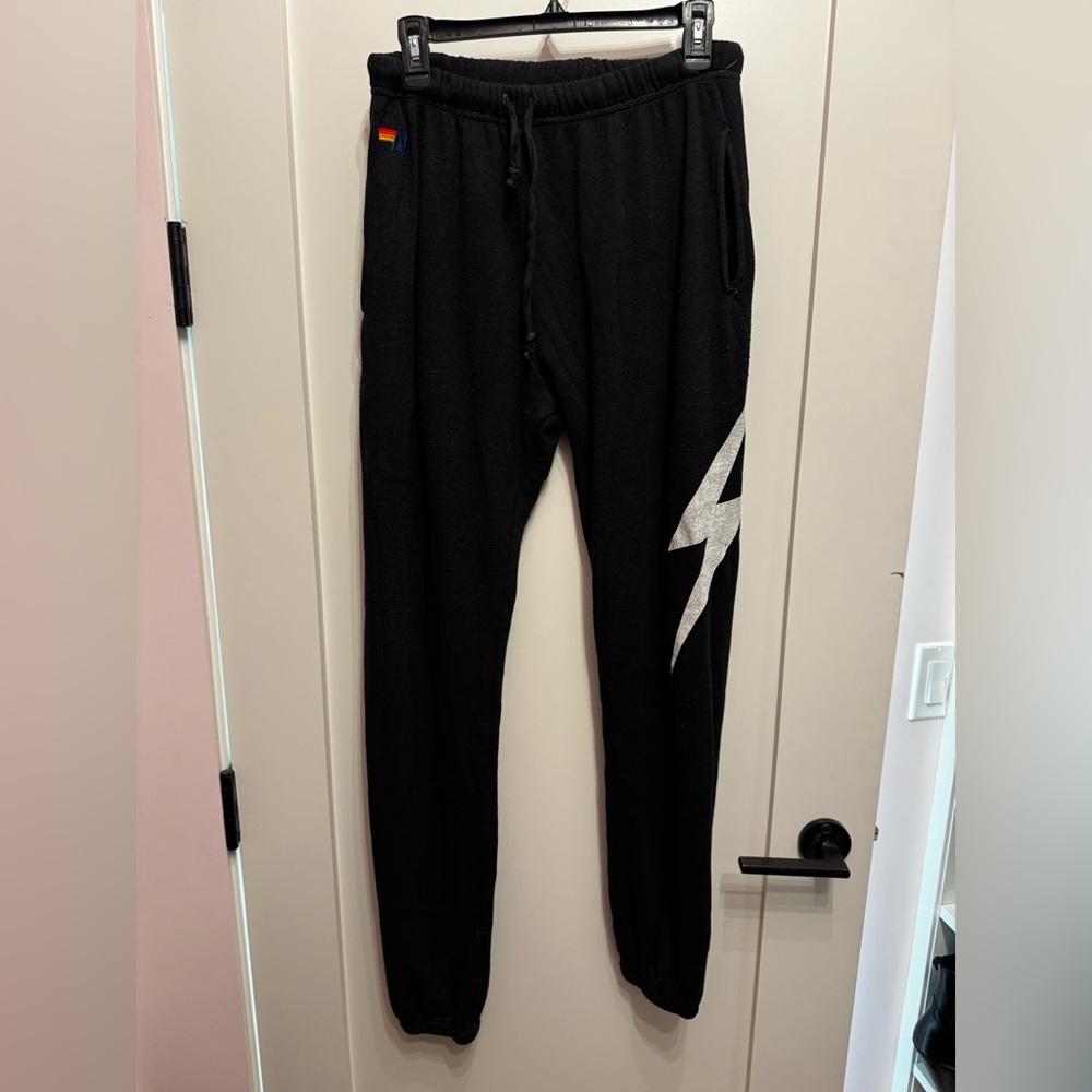 Aviator Nation Black Joggers with White Lightning Bolt